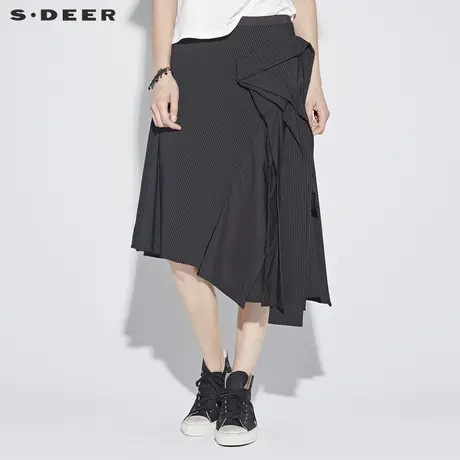 sdeer圣迪奥2018新款女装夏英伦条纹搭片飘带斜摆半身裙S18281135图片