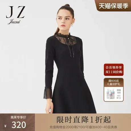 JZ玖姿奥莱春季新款黑色蕾丝拼接收腰气质女连衣裙图片