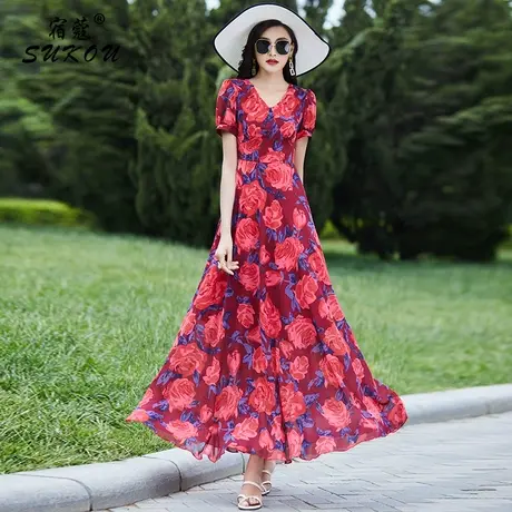 红色时尚减龄连衣裙夏季2024新款韩版收腰显瘦气质大花朵雪纺长裙商品大图