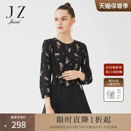 JUZUI/玖姿奥莱官方春季新款黑色优雅收腰气质中长女连衣裙图片