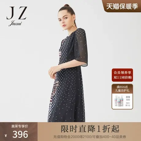 JUZUI/玖姿奥莱官方春季新款黑色波点收腰长款女雪纺连衣裙图片