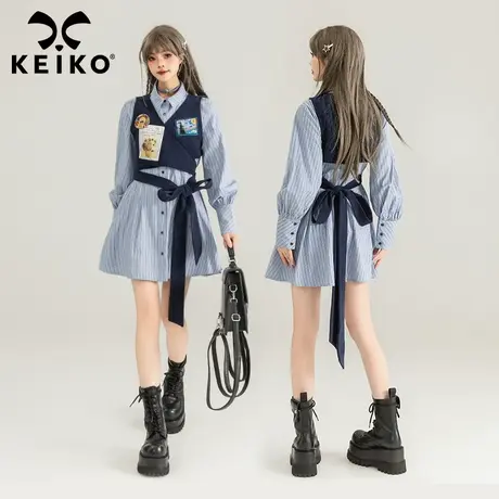 KEIKO 美式学院假两件衬衫连衣裙春季设计感系带显瘦条纹a字裙子商品大图
