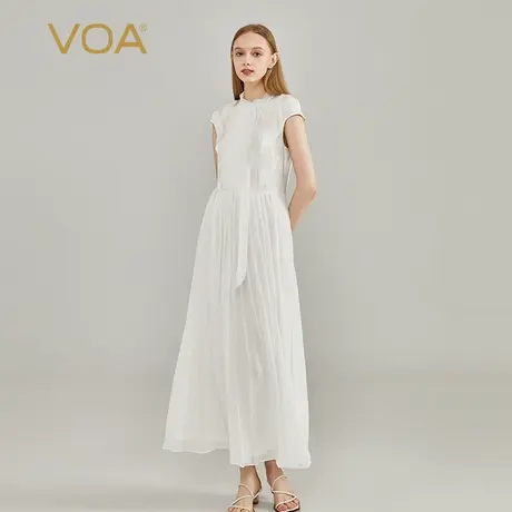 VOA真丝提花34姆米奶白飘带领一粒扣三层乔其拼接中式优雅连衣裙图片