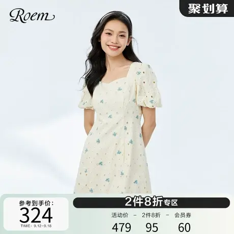 Roem商场同款春夏新品法式甜美公主泡泡袖桃心领高腰短袖连衣裙图片