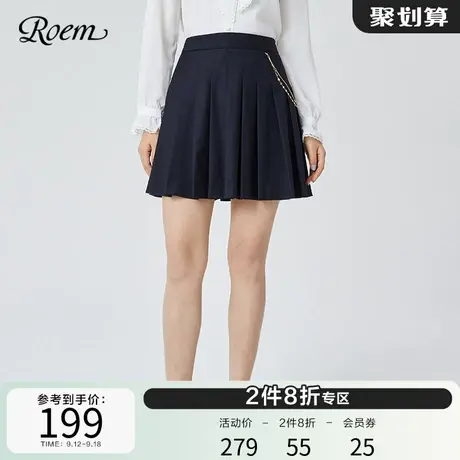 Roem扑克系列商场同款新款时尚百搭短裙甜美风韩版时尚百褶半身裙图片