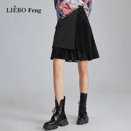 裂帛LIEBOFeng2023年设计师不对称解构A字百褶黑色雪纺波点半身裙图片
