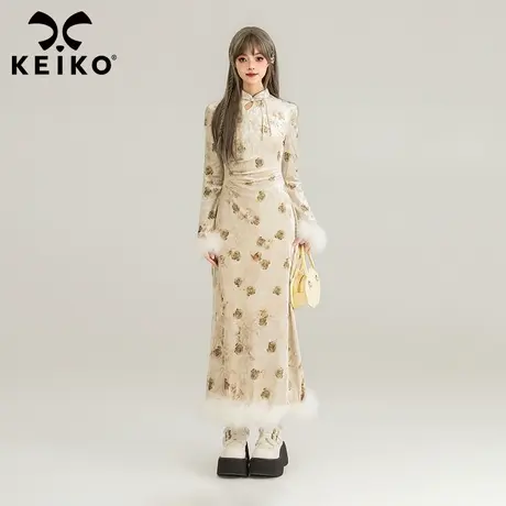 KEIKO 新中式改良旗袍连衣裙2023秋冬高级感丝绒毛毛袖包臀长裙子图片