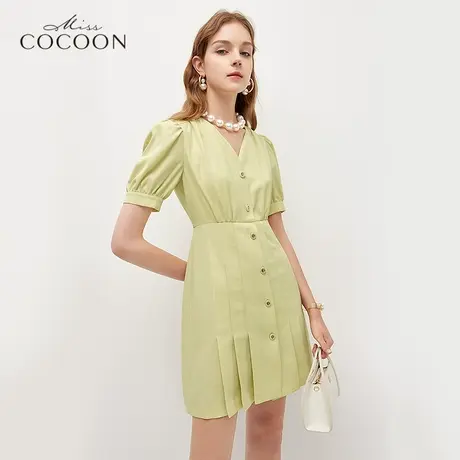missCOCOON法式连衣裙女夏2023新款短袖V领设计感小众显瘦a字裙子图片