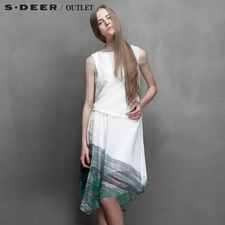 sdeer圣迪奥腰部垂褶绿意抽象涂鸦连衣裙S15281230商品大图