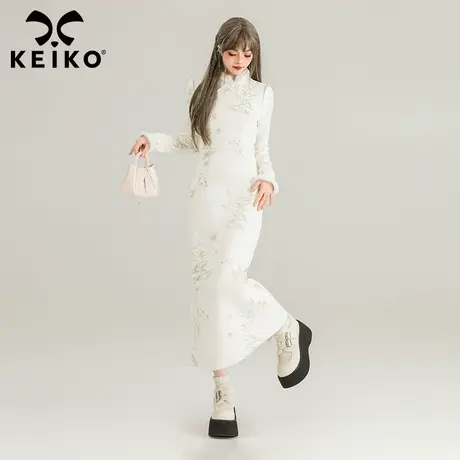 KEIKO 清冷感碎花旗袍连衣裙2023秋冬新中式白色显瘦包臀长裙子图片