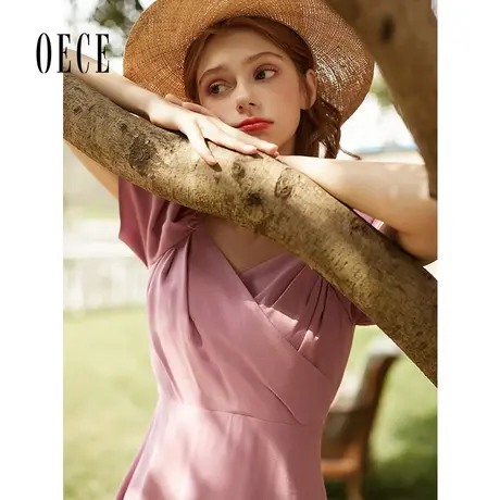 Oece夏装新款女装 甜美法式方领设计感泡泡袖高腰连衣裙图片