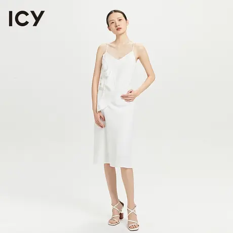 icy2023春季新款优雅轻柔简约白色层次褶皱V领吊带连衣裙图片