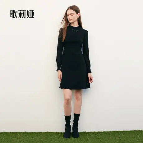 歌莉娅黑色长袖连衣裙女冬季新款收腰显瘦优雅A字小黑裙1ADL4G490商品大图