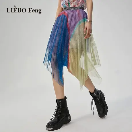 裂帛LIEBOFeng2023年新款设计款不规则撞色蕾丝网纱半身裙商品大图