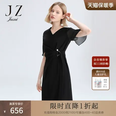 JUZUI/玖姿官方奥莱店2021春季新款黑色V领三醋酯收腰女连衣裙图片