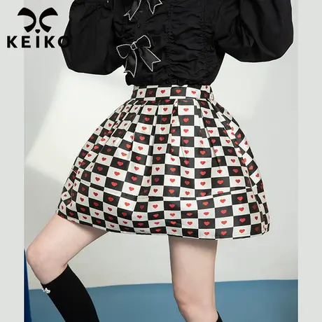情人节系列心形印花格子半身裙短裙2022夏季新款时髦显瘦a字裙子图片