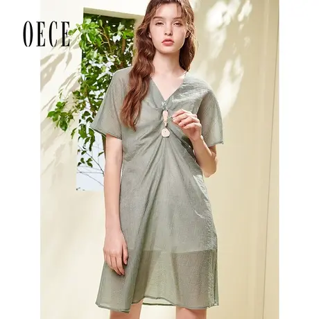 Oece夏装新款女 浪漫法式设计感V领修身气质连衣裙商品大图