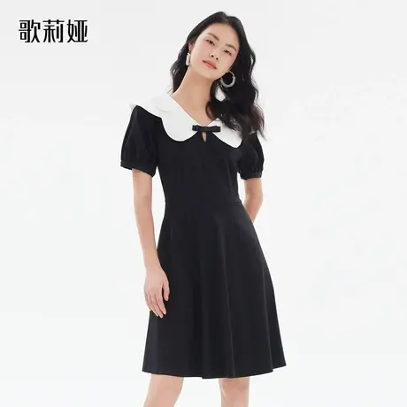 歌莉娅短袖黑色裙子夏季设计感针织撞色领小个子连衣裙1A7R4H930图片