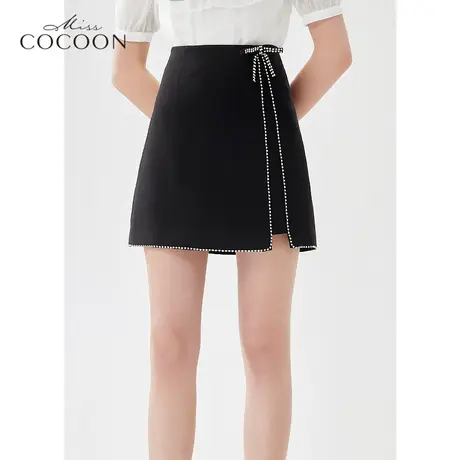 missCOCOON亮钻短裙2023夏新款女装时尚高腰A字显瘦蝴蝶结半身裙图片