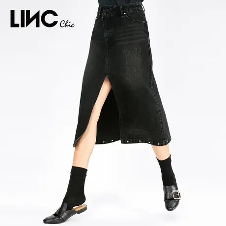 LINC金羽杰2023年秋款新款不对称铆钉开叉牛仔半裙女断码专柜正品图片