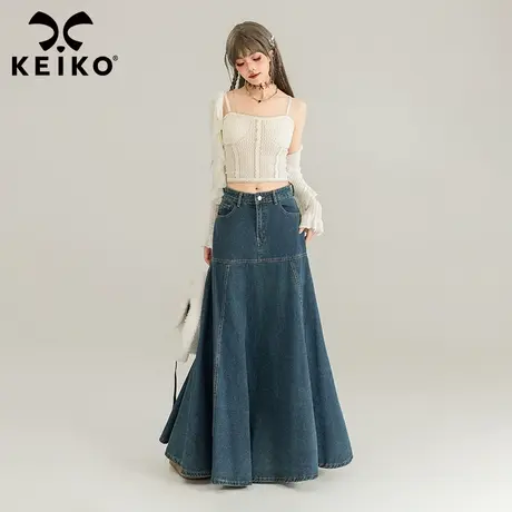 KEIKO设计感拼接牛仔半身裙鱼尾裙春季高腰遮胯显瘦a字伞裙长裙子图片