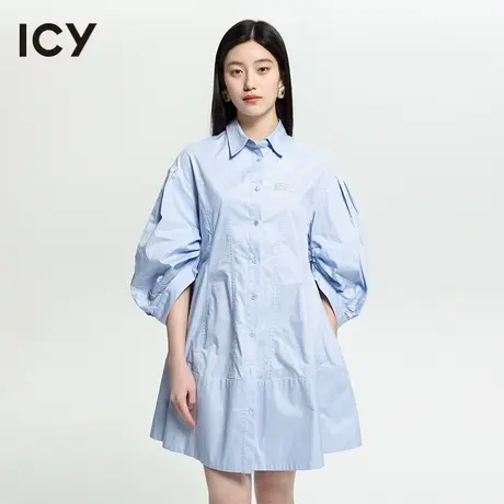 icy2023夏季新款女装简约气质复古高腰短裙纯棉灯笼袖衬衫裙图片