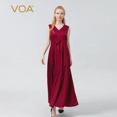 VOA真丝双面缎浮红流丹V领无袖大摆优雅荷叶边桑蚕丝连衣长裙图片