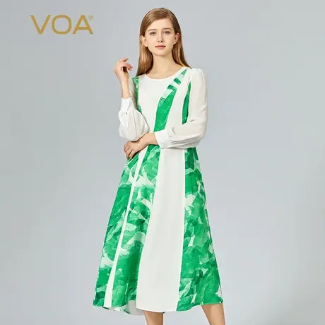 VOA30姆米印花重绉桑蚕丝圆领衬衫长袖清新自然中长款真丝连衣裙图片