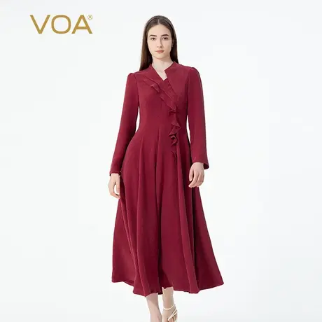 VOA重磅真丝40姆米酱红V领不对称活页设计侧插口袋加厚长袖连衣裙图片