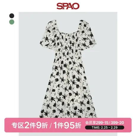 SPAO韩国同款春季新款一字领收腰廓形碎花连衣裙SPOWD37W91图片