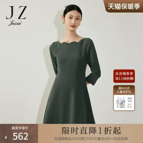 JZ玖姿法式方领显瘦醋酸连衣裙女装2023春季新款小众设计感裙子黑图片