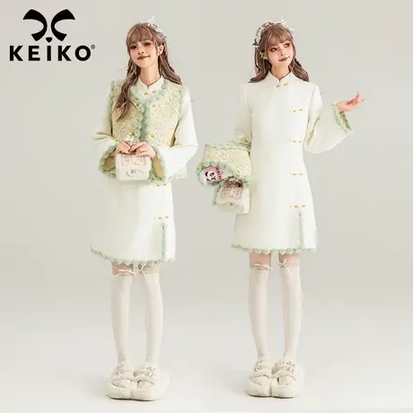 KEIKO年味新装毛呢连衣裙2024春季新中式马夹外套+旗袍裙子套装裙图片