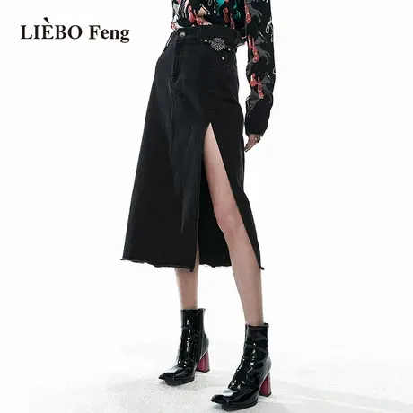 裂帛LIEBOFeng商场同款2023年春新甜酷黑色设计感牛仔开衩半身裙图片