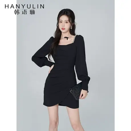 韩语琳方领收褶黑色连衣裙女春装新款长袖设计感富贵千金风短裙子图片