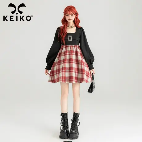 KEIKO 美式复古格纹拼接连衣裙2024春季气质方领高腰显瘦A字裙子图片