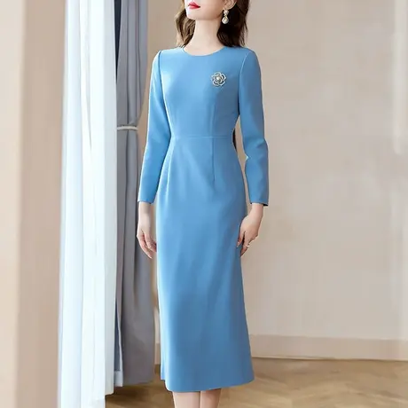 修身连衣裙女2023秋季新款气质优雅端庄大气蓝色长袖中长款直筒裙图片
