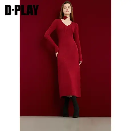 DPLAY春新年红色法式针织连衣裙气质显瘦内搭长款裙子女图片
