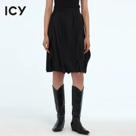 icy原创春季新款休闲时尚气质舒适高腰黑色光感拼接波纹女半身裙商品大图
