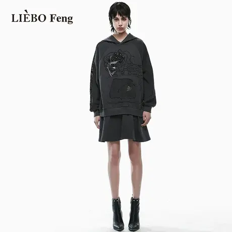 裂帛LIEBOFeng原创设计chic龙纹刺绣连帽卫衣裙假两件长袖连衣裙图片