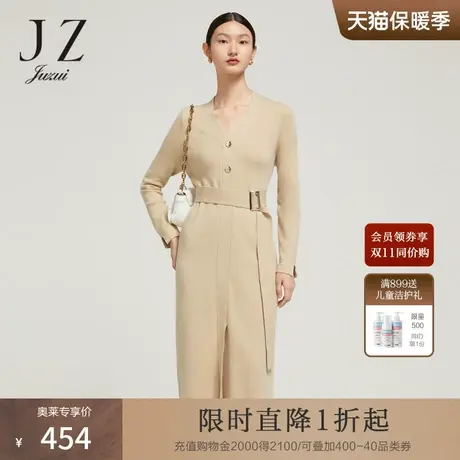 JZ玖姿优雅开衩针织2022冬季新款时尚收腰连衣裙图片