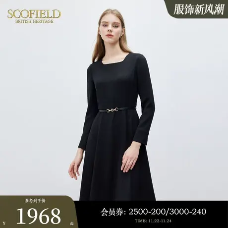 Scofield女装浪漫知性方领连衣裙时尚收腰长袖小黑裙2024春季新款图片