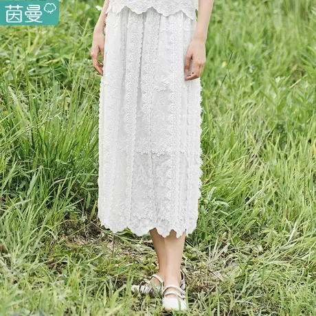茵曼法式重工立体绣花半身裙女装2024年夏季新款高腰显瘦A字裙子图片