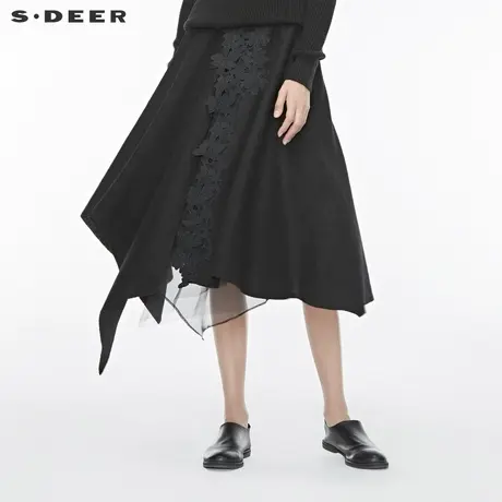 sdeer圣迪奥女装冬装绣花贴布网纱拼接不规则黑色长裙S19481107图片