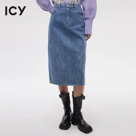 icy新款复古设计感高腰对称拼接后开衩牛仔半身裙长裙图片