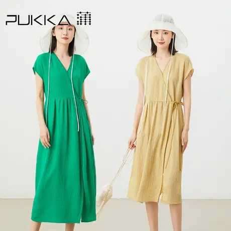 蒲PUKKA原创2023春夏肌理亚麻新中式显瘦V领休闲短袖连衣裙图片