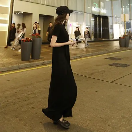 韩版新款黑色短袖长裙2018款女装韩版宽松口袋A字连衣裙大码显瘦商品大图