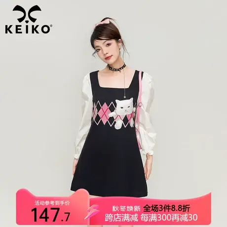 KEIKO 假两件方领连衣裙2023早秋新款复古减龄菱格印花长袖裙子图片
