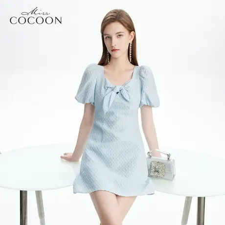miss COCOON泡泡袖裙子2023夏新款女气质优雅提花收腰A字连衣裙图片