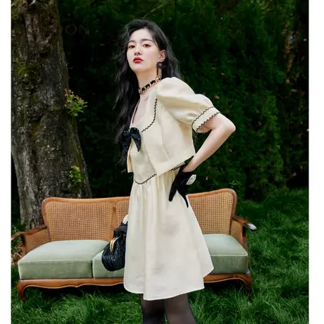 missCOCOON两件套连衣裙女春2023新款法式小香风蝴蝶结泡泡袖裙子图片