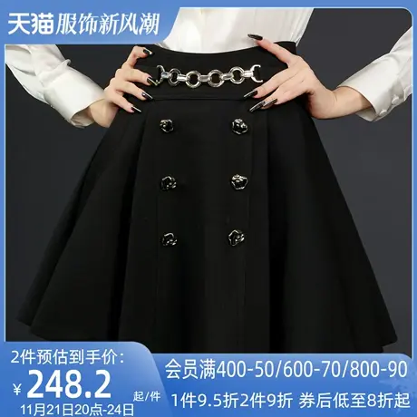 AUI黑色高腰百褶半身裙女2023春季新款欧美风设计感小众修身短裙图片